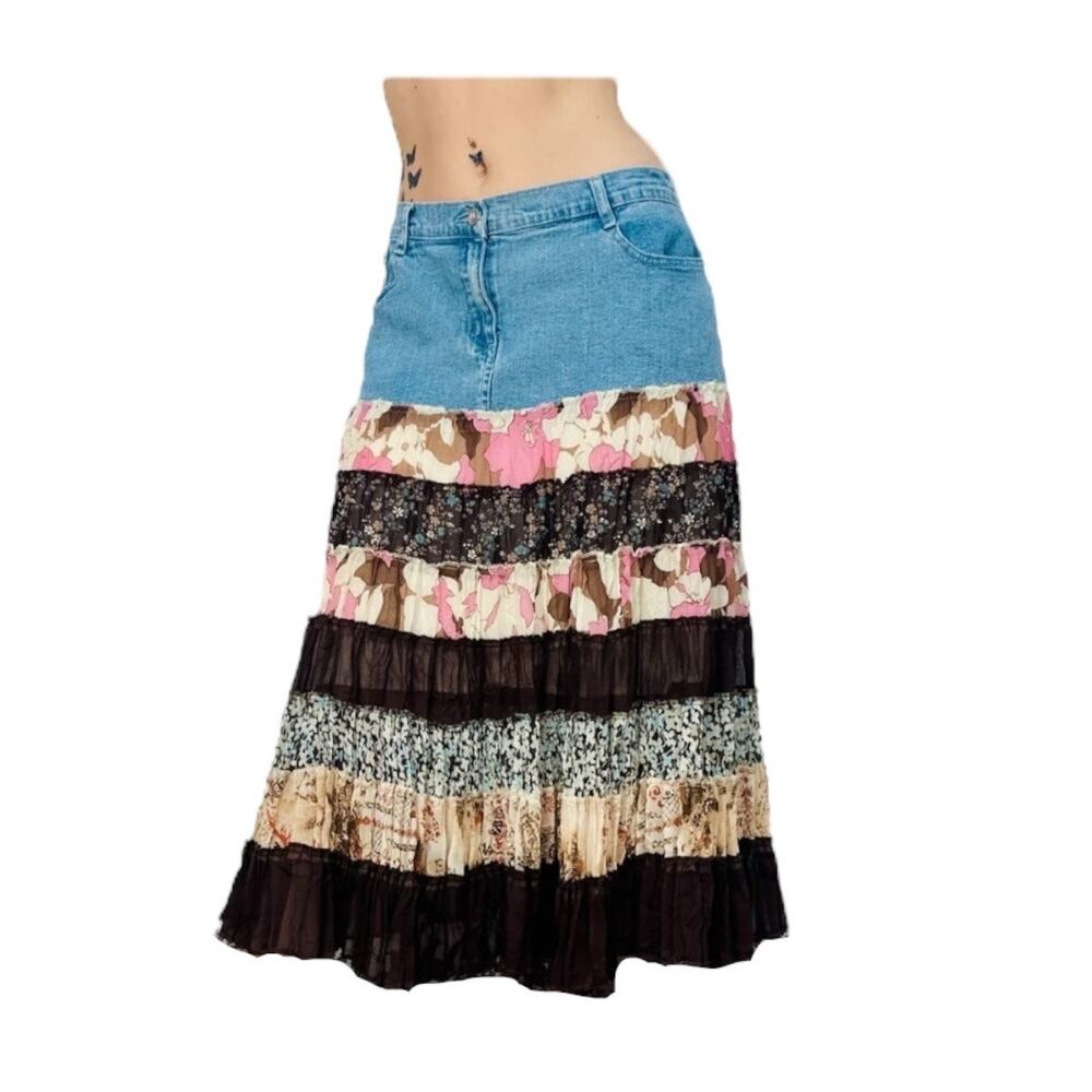 Denim and Floral Patchwork Midi Skirt